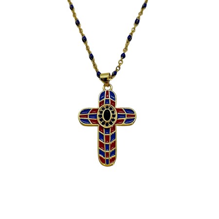 necklace steel gold chain blue beads with cross metal blue and red1